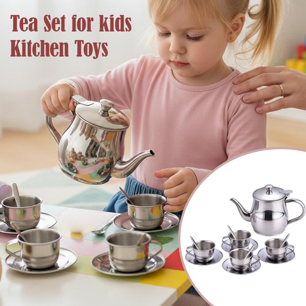 Kids Outdoor Kitchen Accessories - キッズステンレススチールティーセットごっこ遊びキッチンおもちゃ耐熱安全ティーポットカップ男の子女の子向け就学前学習用